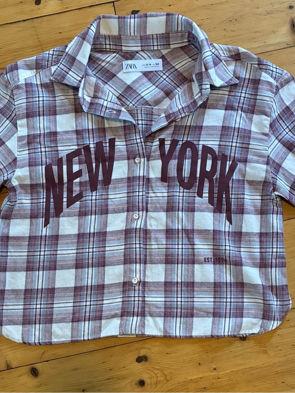Zara GIRLS New York Maroon & White Plaid Long Sleeve Button Up Crop top sz13/14